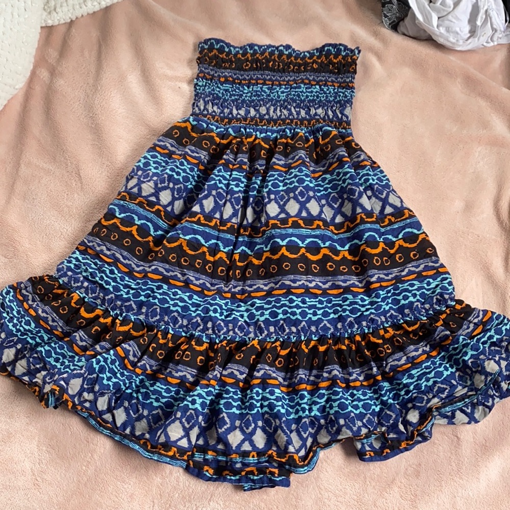 Strapless Patterned Tribal Blue Dress